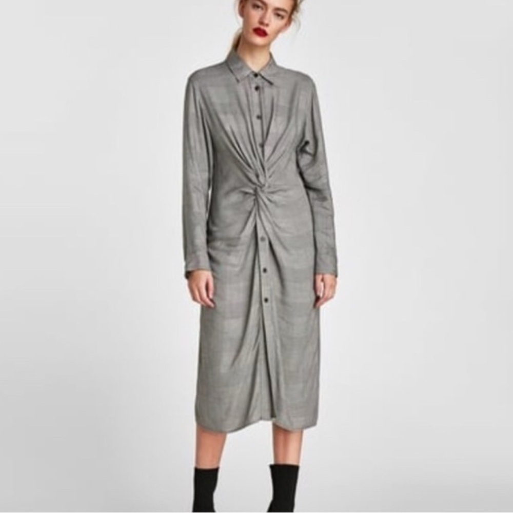 ZARA Plaid Twist Knot Plaid Midi Dress, Black/white, Small
